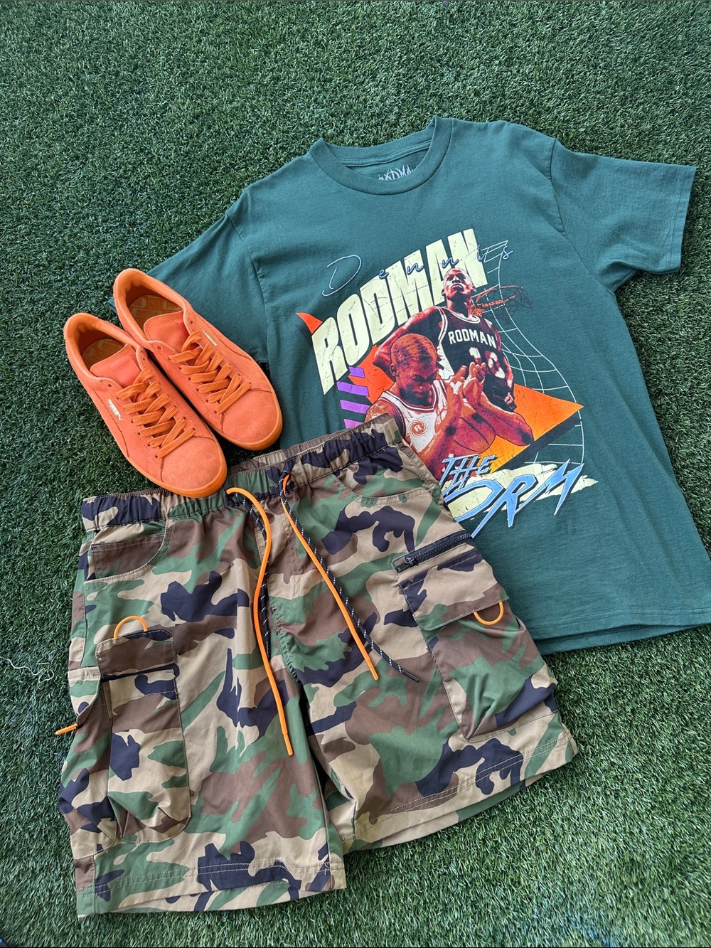 Green Rodman Graphic Tee with Camo Utility Shorts &Shoes